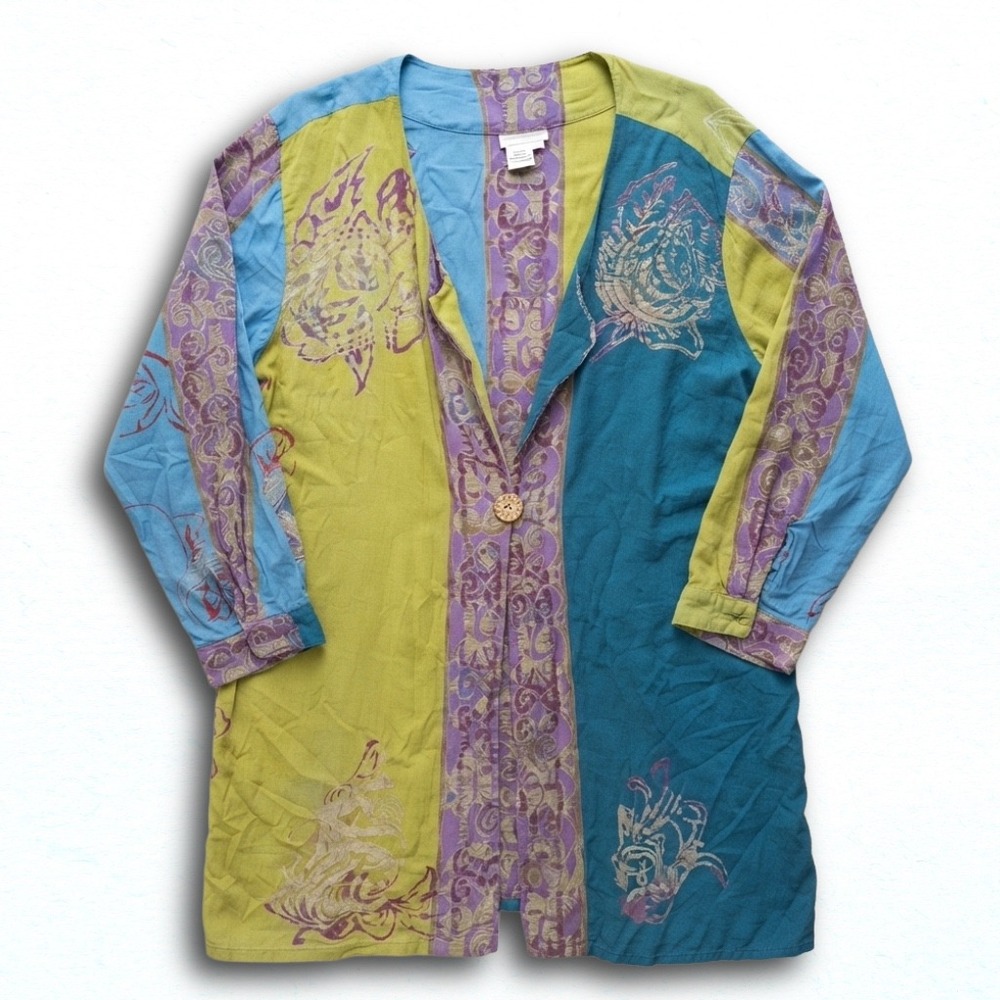 Soft Surroundings Rayon Floral Colorblock Tunic Shirt Green Blue Purple Large